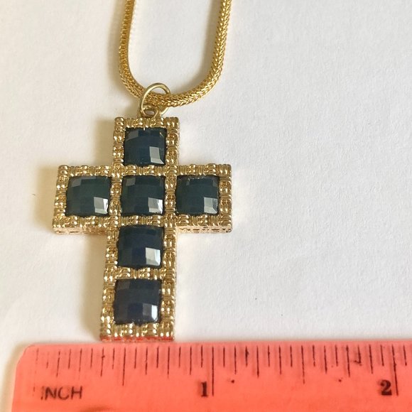 Vintage Gold Cross Pendant Necklace Green Crystal Plated 24" Chain Christian - Picture 9 of 10